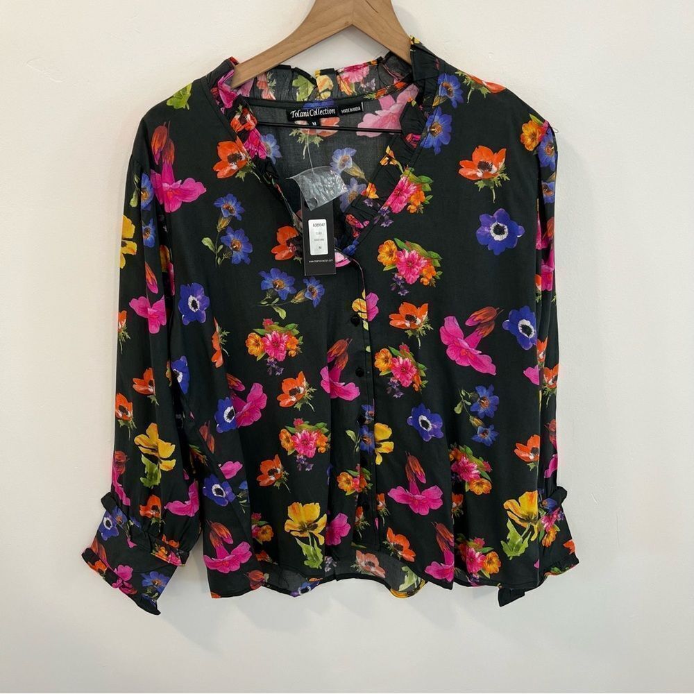 NWT Tolani Collection Women's Black Floral Button-Front Top | Size M